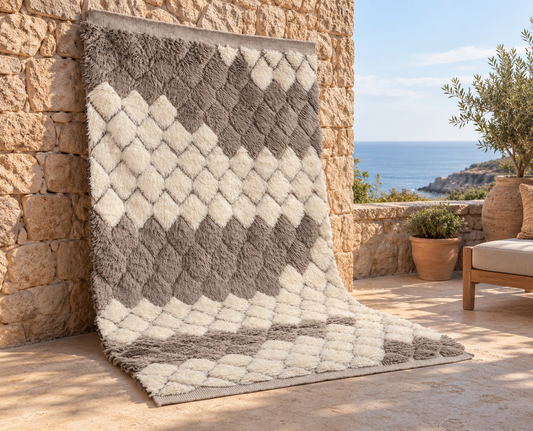 Handwoven Moroccan Style Wool Rug – Cream and Taupe Diamond Pattern Shaggy Area Rug