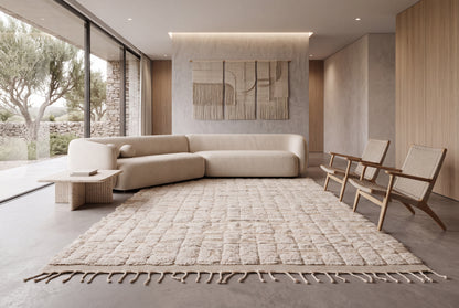 Hand Knotted Moroccan Wool Rug – Ivory Cream Textured Geometric Shaggy Area Rug