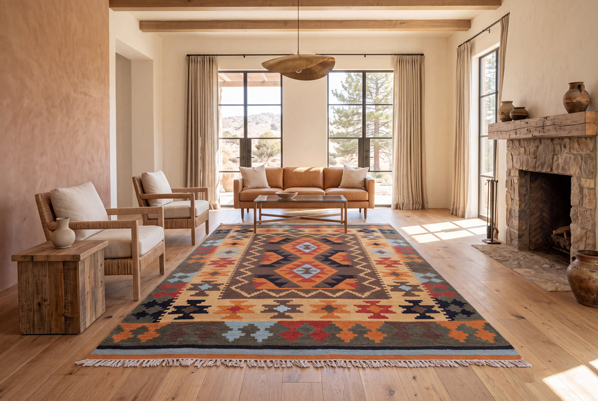 Tribal Geometric Wool Kilim Durrie Rug – Handwoven Traditional Multicolor Carpet