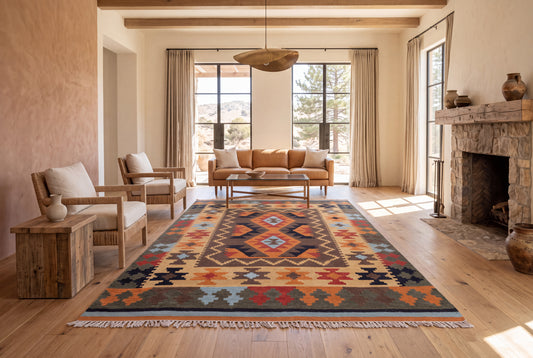 Tribal Geometric Wool Kilim Durrie Rug – Handwoven Traditional Multicolor Carpet