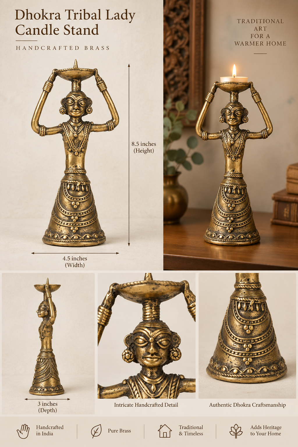 Dhokra Tribal Lady Brass Candle Holder | Handcrafted Indian Tribal Decor