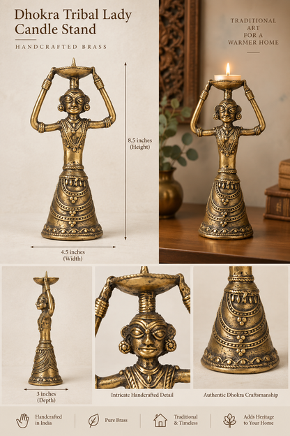 Dhokra Tribal Lady Brass Candle Holder | Handcrafted Indian Tribal Decor