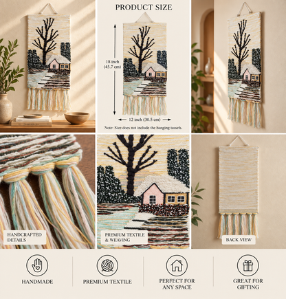 Handmade Woven Winter Cottage Tapestry, Rustic Boho Wall Hanging (18x12 Inch)