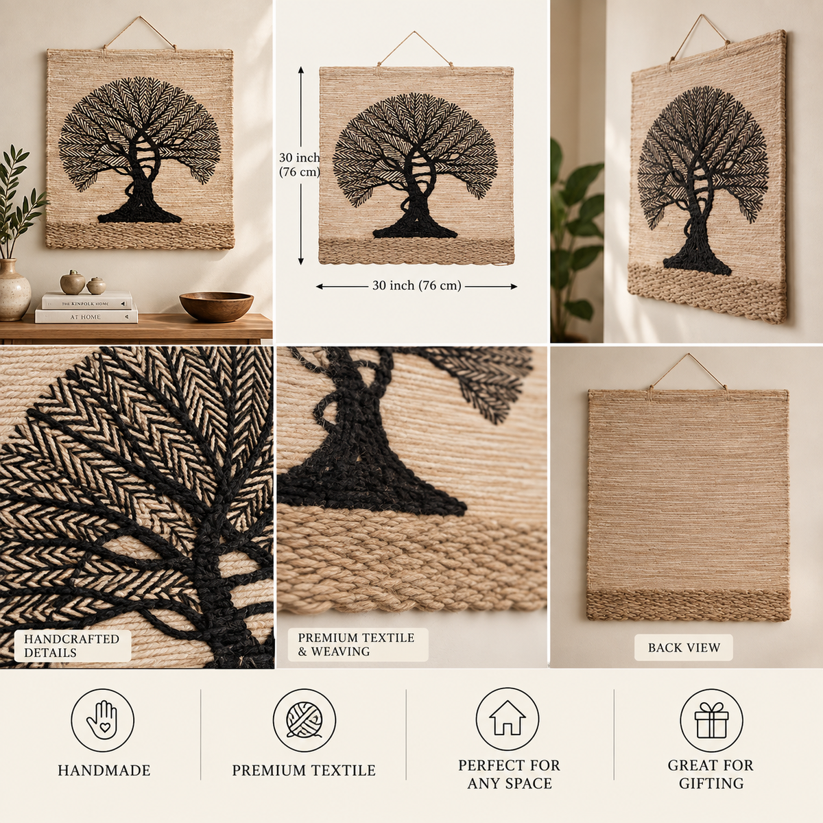 Handwoven Tree of Life Tapestry, 30x30 Inch Boho Wall Hanging, Natural Textile Art