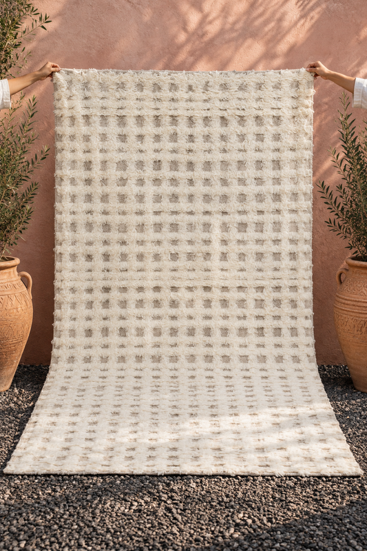 Moroccan Ivory Wool Rug – 100% New Zealand Wool | Handwoven Abstract Line Pattern Rug