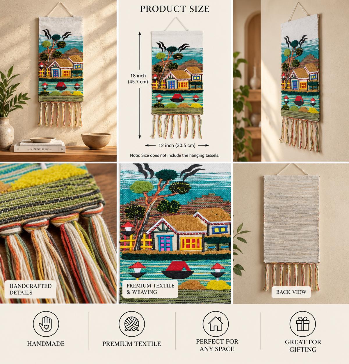 Handmade Coastal Village Tapestry, Woven Textile Art, Nautical Boho Wall Hanging (18x12 Inch)