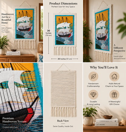Handwoven Sailboat Tapestry, 30x20 Inch, Nautical Coastal Wall Hanging