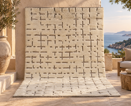Luxury Cream Moroccan Hand Knotted Rug – Textured Geometric New Zealand Wool Area Rug