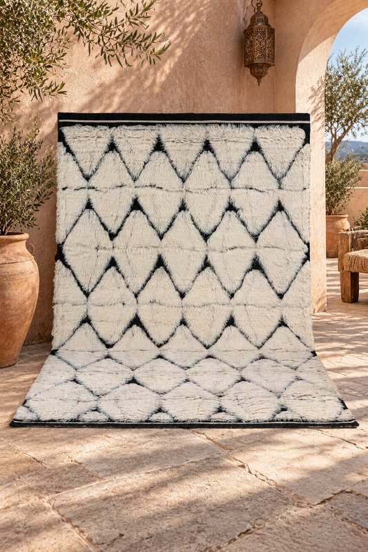 Moroccan Ivory Rug – Handwoven Diamond Pattern | Black & Cream Beni Ourain Style Area Rug