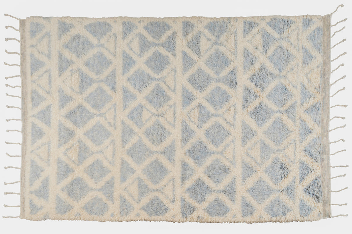 Hand Knotted Moroccan Wool Rug – Cream and Blue Geometric Shag Area Rug