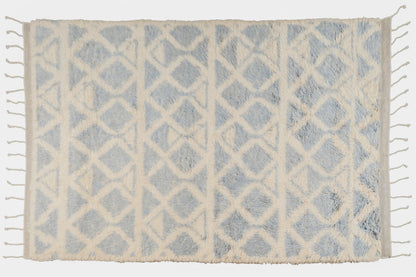 Hand Knotted Moroccan Wool Rug – Cream and Blue Geometric Shag Area Rug