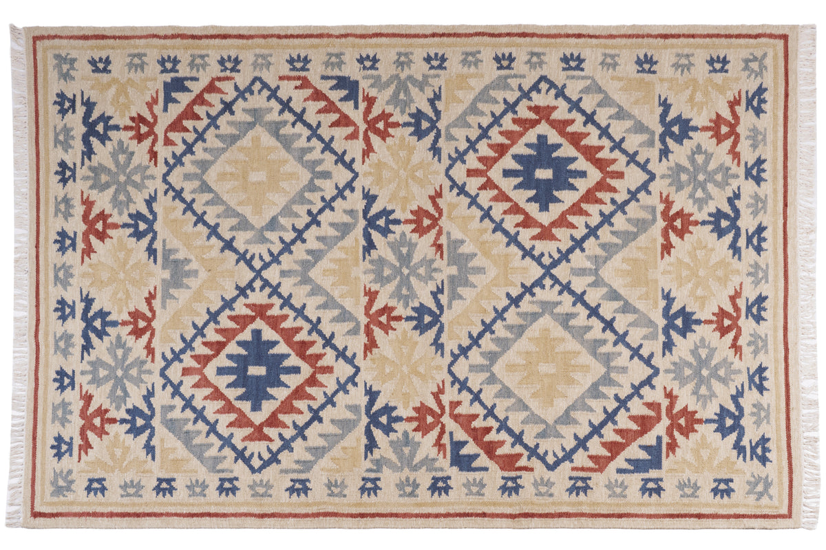 Handwoven Geometric Kilim Durrie Rug | Beige & Navy