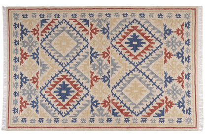 Handwoven Geometric Kilim Durrie Rug | Beige & Navy