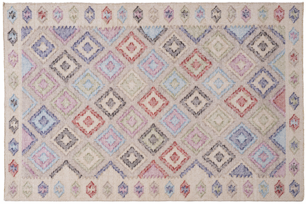 Pastel Geometric Kilim Wool Durrie Rug – Handwoven Ivory Multicolor Carpet
