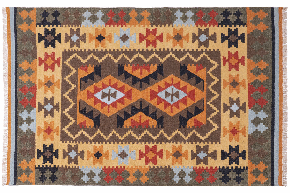 Tribal Geometric Wool Kilim Durrie Rug – Handwoven Traditional Multicolor Carpet