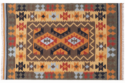 Tribal Geometric Wool Kilim Durrie Rug – Handwoven Traditional Multicolor Carpet