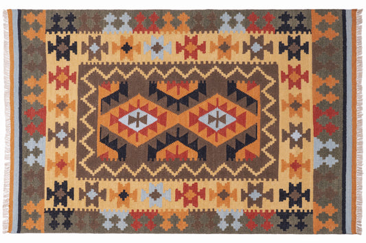 Tribal Geometric Wool Kilim Durrie Rug – Handwoven Traditional Multicolor Carpet