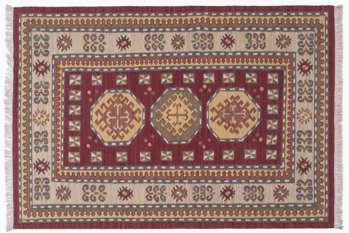 Handwoven Burgundy Medallion Kilim Rug – Wool & Cotton Traditional Durrie