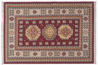 Handwoven Burgundy Medallion Kilim Rug – Wool & Cotton Traditional Durrie
