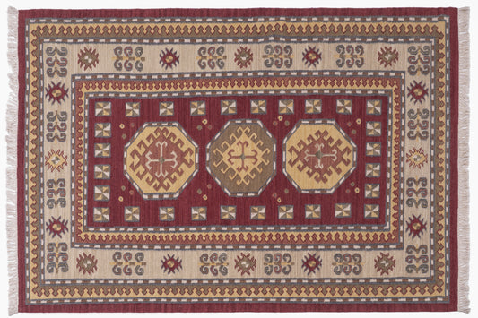 Handwoven Burgundy Medallion Kilim Rug – Wool & Cotton Traditional Durrie