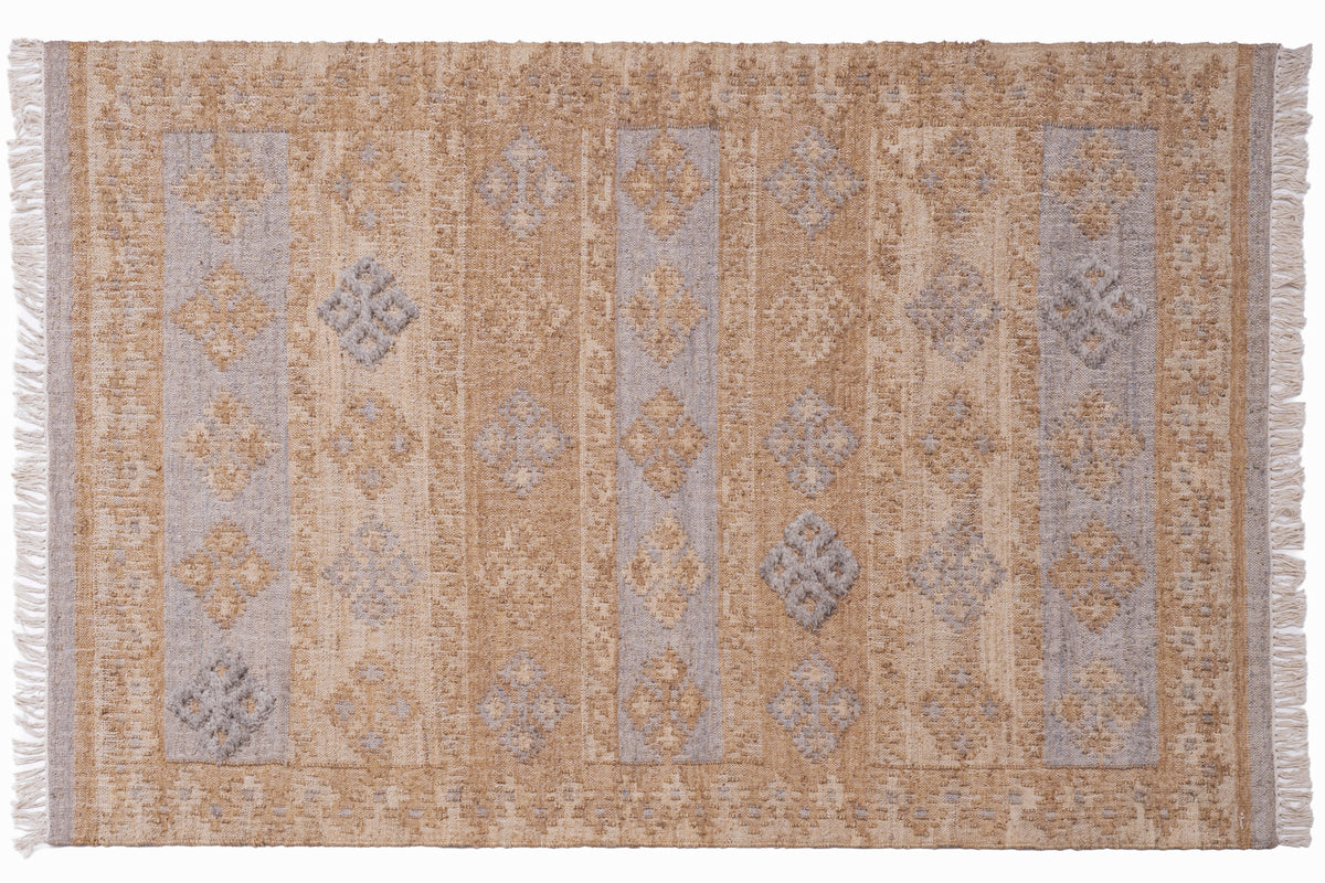 Handwoven Wool Jute Kilim Rug – Beige Vintage Distressed Durrie