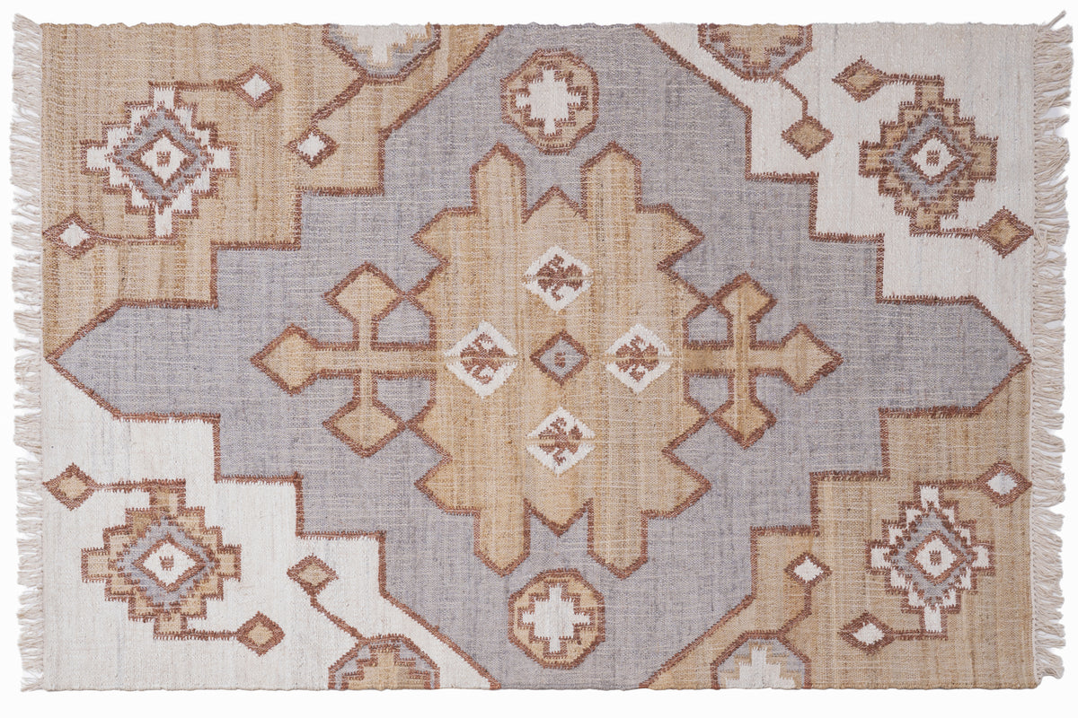 Handwoven Jute Kilim Rug – Beige & Grey Geometric Medallion Durrie