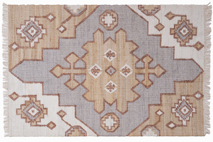 Handwoven Jute Kilim Rug – Beige & Grey Geometric Medallion Durrie