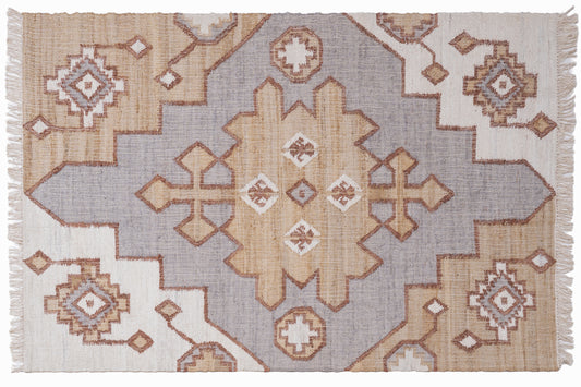 Handwoven Jute Kilim Rug – Beige & Grey Geometric Medallion Durrie