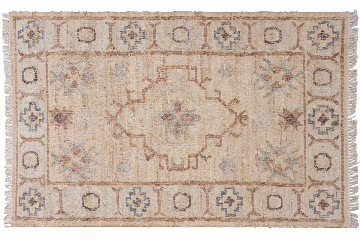 Handwoven Jute Kilim Rug – Beige Vintage Geometric Medallion Durrie