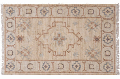 Handwoven Jute Kilim Rug – Beige Vintage Geometric Medallion Durrie
