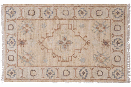 Handwoven Jute Kilim Rug – Beige Vintage Geometric Medallion Durrie
