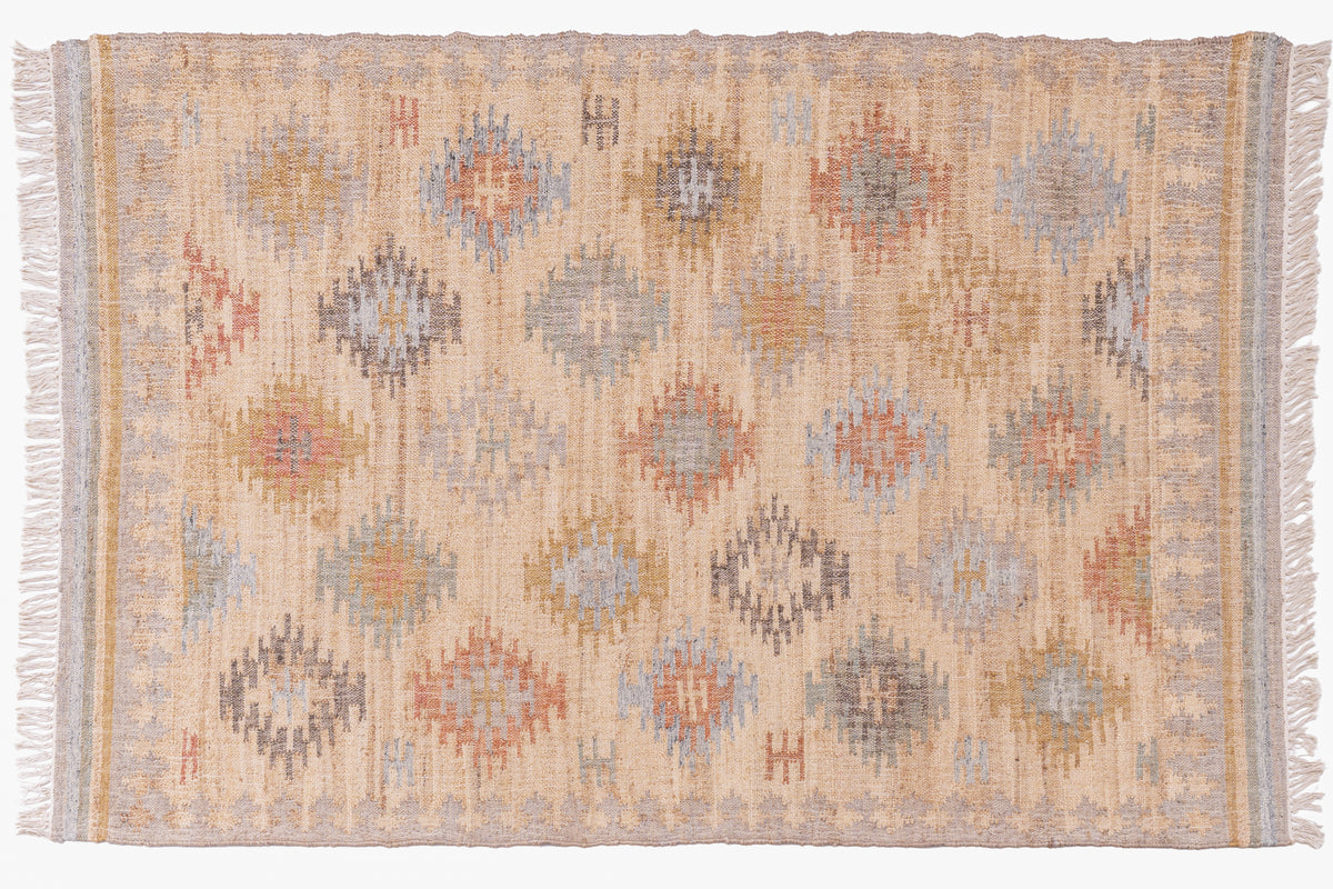 Handwoven Natural Jute Kilim Area Rug in Sand Beige & Soft Blue, Vintage Moroccan Inspired Carpet for Living Room, Bedroom & Home