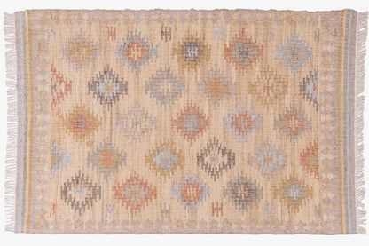 Handwoven Natural Jute Kilim Area Rug in Sand Beige & Soft Blue, Vintage Moroccan Inspired Carpet for Living Room, Bedroom & Home