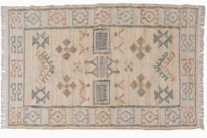 Handwoven Jute Kilim Rug, Vintage Geometric Area Rug, Beige Blue Bohemian Carpet, Natural Jute Cotton Flatweave Rug