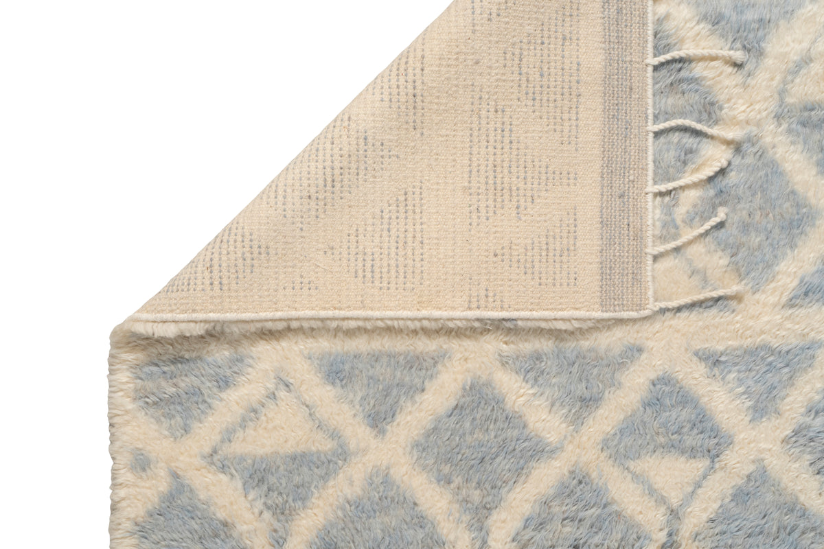 Hand Knotted Moroccan Wool Rug – Cream and Blue Geometric Shag Area Rug
