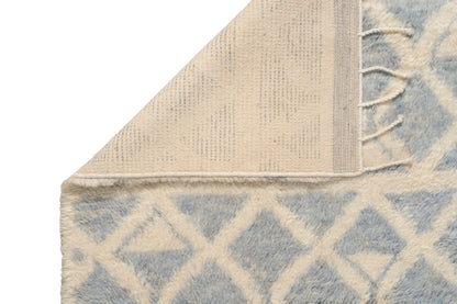 Hand Knotted Moroccan Wool Rug – Cream and Blue Geometric Shag Area Rug