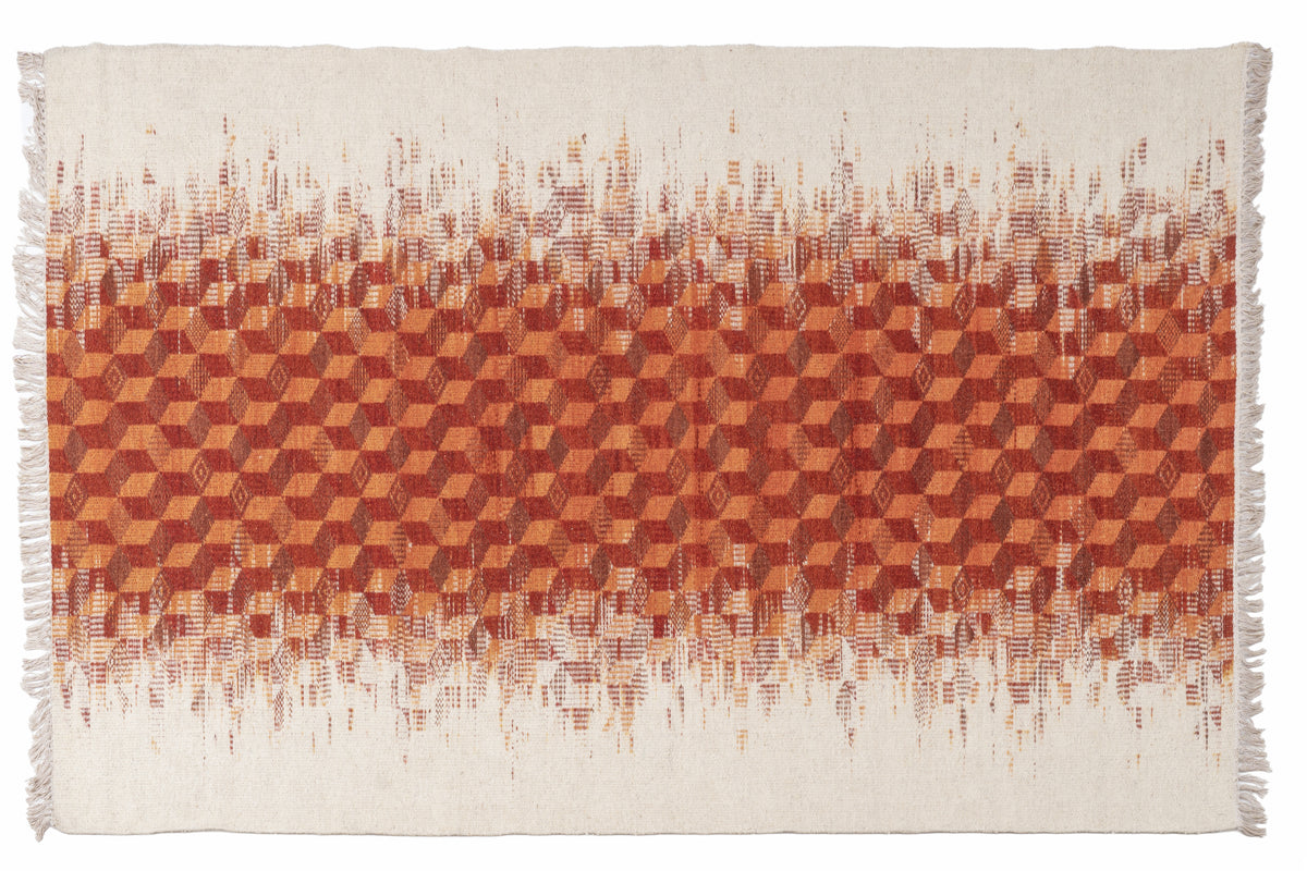 Rustic Handwoven Wool Kilim Durrie | Abstract Geometric Terracotta & Cream Rug