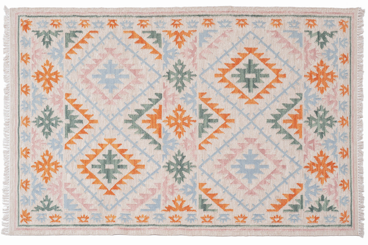 Handwoven Wool Kilim Durrie Rug – Pastel Geometric Tribal Area Rug with Fringe