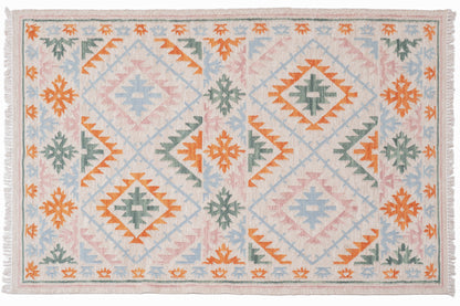 Handwoven Wool Kilim Durrie Rug – Pastel Geometric Tribal Area Rug with Fringe