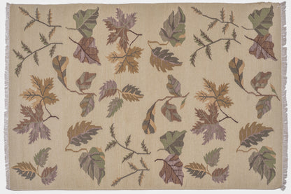 Handwoven Wool Kilim Rug – Botanical Leaf Pattern Beige Area Rug with Fringed Edges