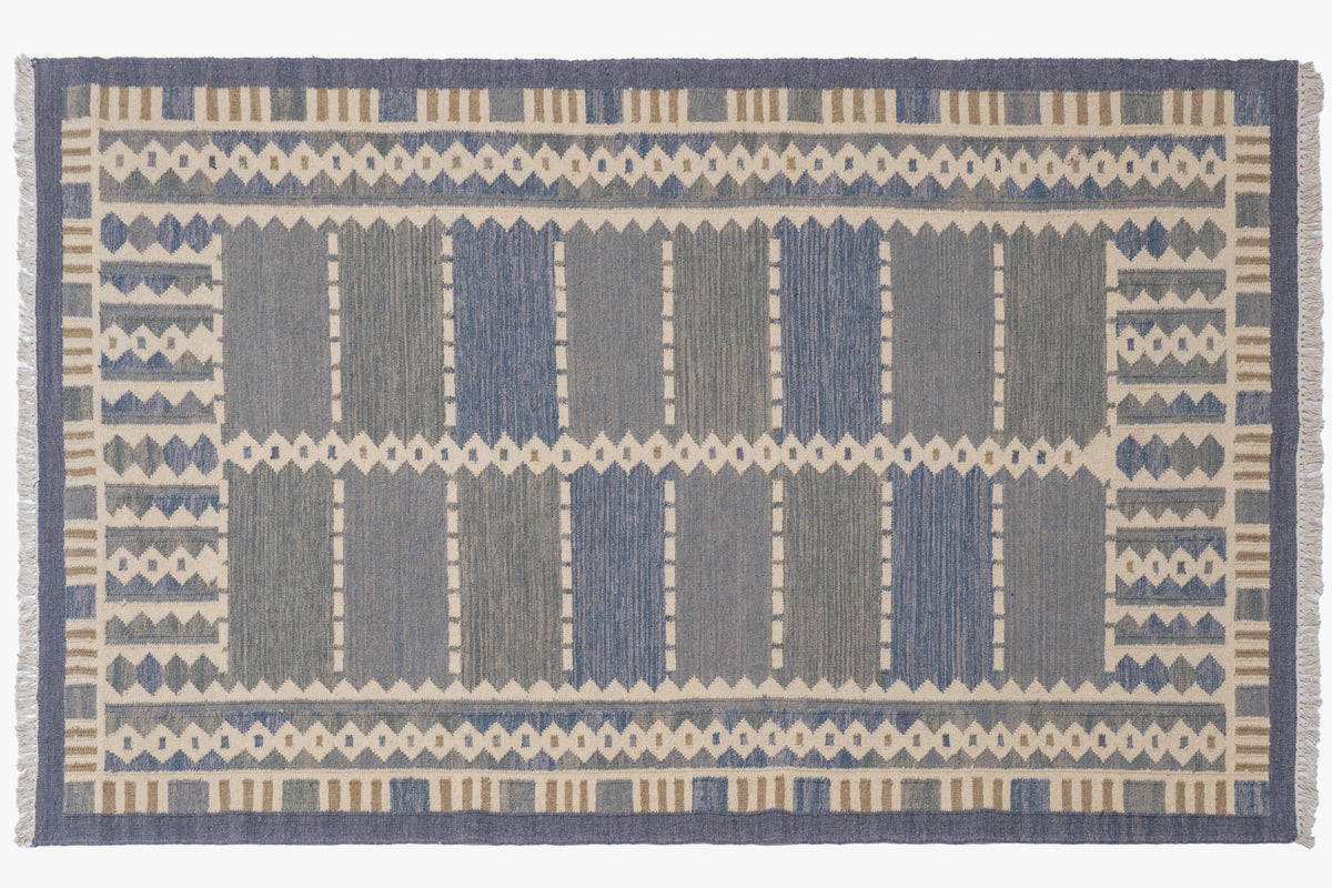 Handwoven Wool Kilim Durrie Rug – Blue Grey Geometric Tribal Area Rug with Fringe