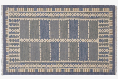 Handwoven Wool Kilim Durrie Rug – Blue Grey Geometric Tribal Area Rug with Fringe