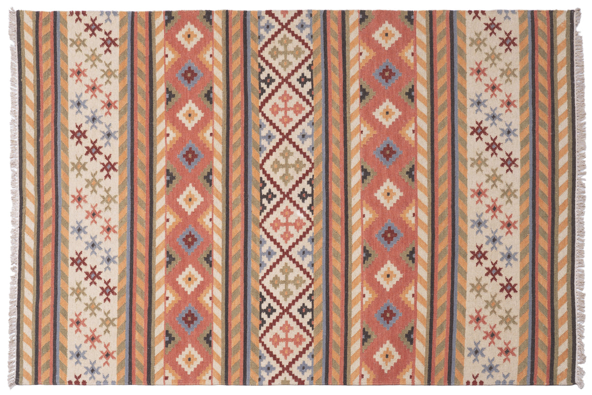 Handwoven Wool Kilim Durrie Rug, Multicolor Geometric Tribal Area Rug, Traditional Indian Flatweave Carpet