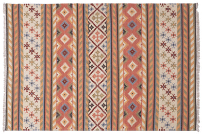 Handwoven Wool Kilim Durrie Rug, Multicolor Geometric Tribal Area Rug, Traditional Indian Flatweave Carpet