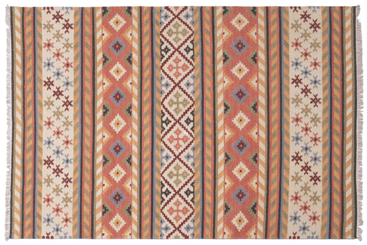 Handwoven Wool Kilim Durrie Rug, Multicolor Geometric Tribal Area Rug, Traditional Indian Flatweave Carpet