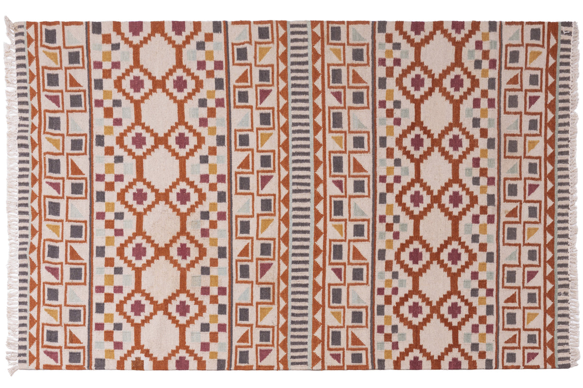 Handwoven Wool Kilim Durrie Rug, Multicolor Geometric Tribal Area Rug, Traditional Indian Flatweave Carpet