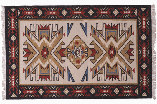 Handwoven Wool Kilim Durrie Rug, Tribal Geometric Area Rug, Multicolor Southwestern Flatweave Carpet