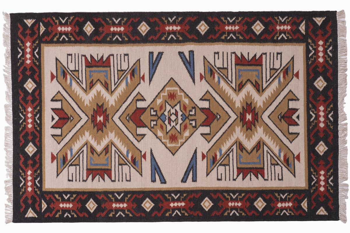 Handwoven Wool Kilim Durrie Rug, Tribal Geometric Area Rug, Multicolor Southwestern Flatweave Carpet