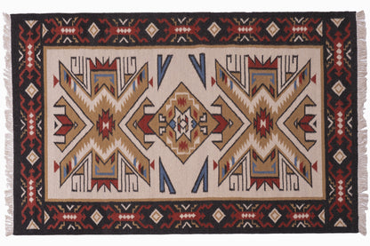 Handwoven Wool Kilim Durrie Rug, Tribal Geometric Area Rug, Multicolor Southwestern Flatweave Carpet