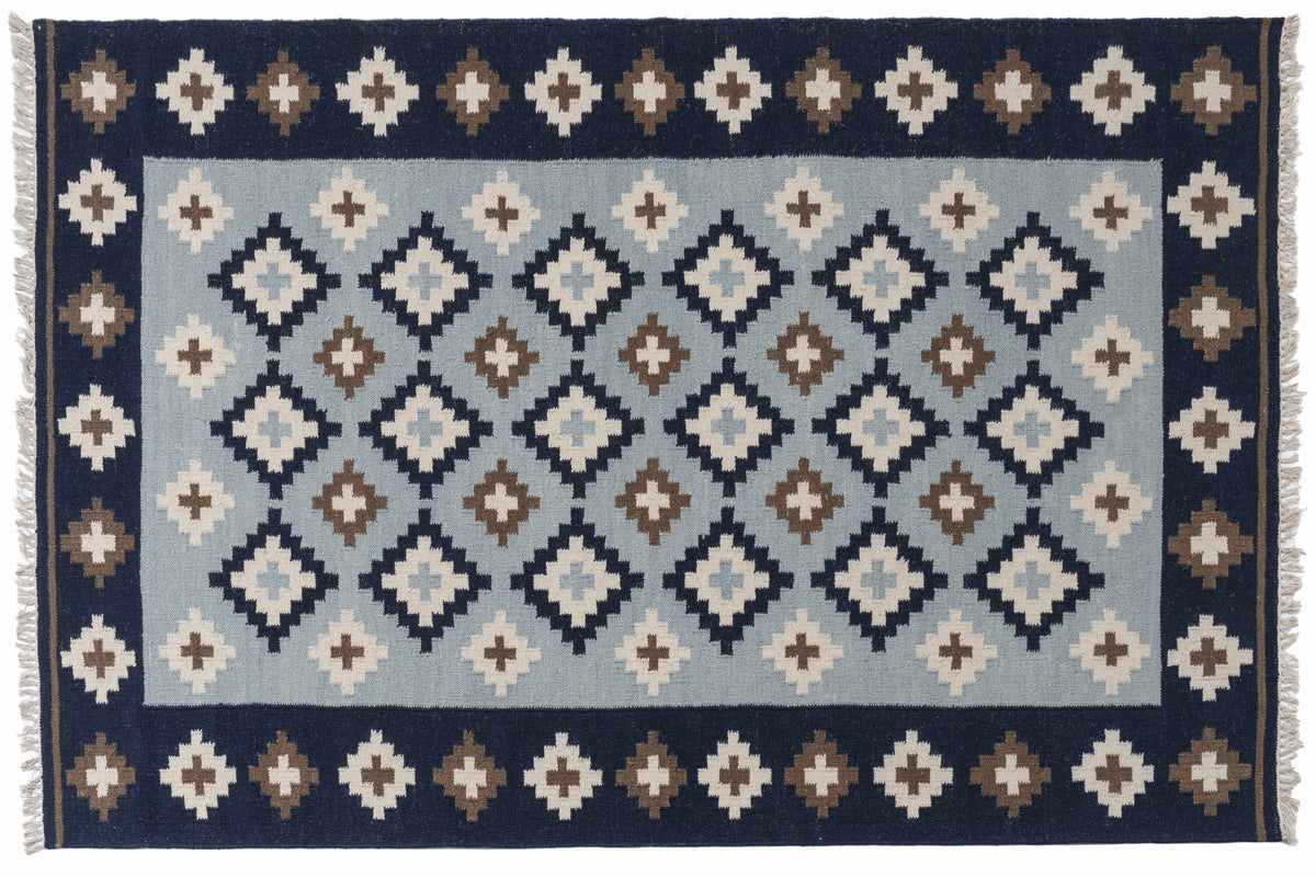 Handwoven Wool Kilim Durrie Rug – Navy Blue Geometric Moroccan-Inspired Area Rug